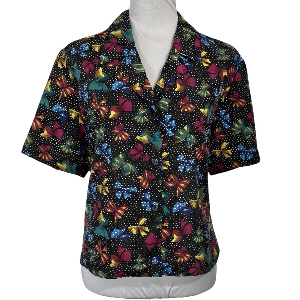 Vintage Ribbon Bow Print Cropped Blouse Size L Polka Dot Rainbow‎ Button Up Top